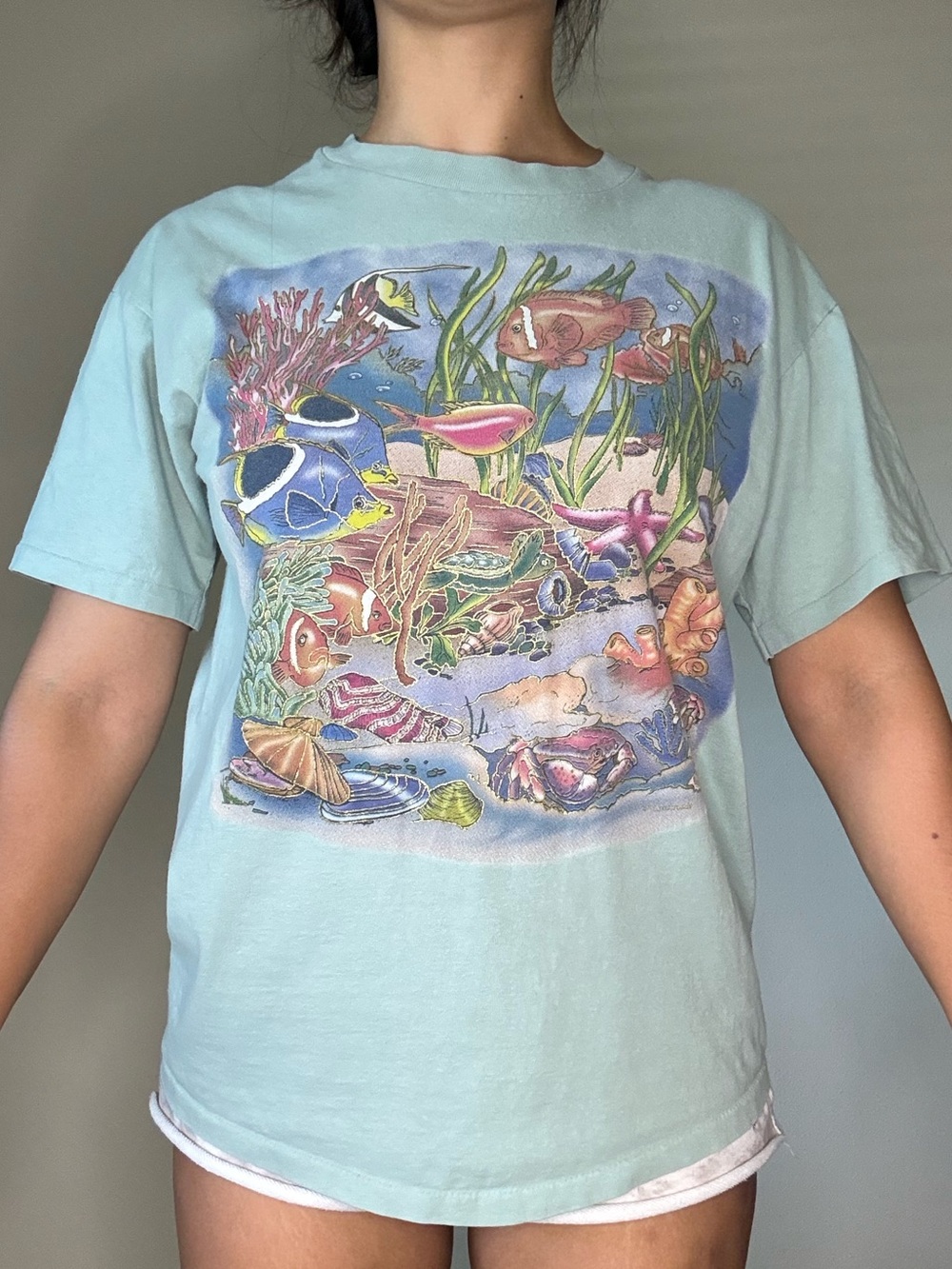 Vintage 80s/90s Sea Life Graphic T-Shirt - Light Aqua